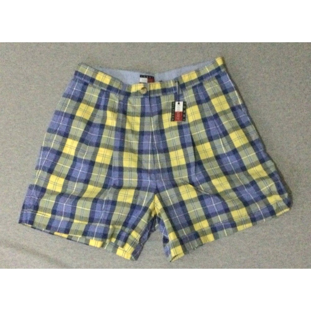 Vtg Tommy Hilfiger Plaid Shorts Womens Size 1 Blue Yellow Pleated Cotton Y2K NWT - Picture 2 of 16